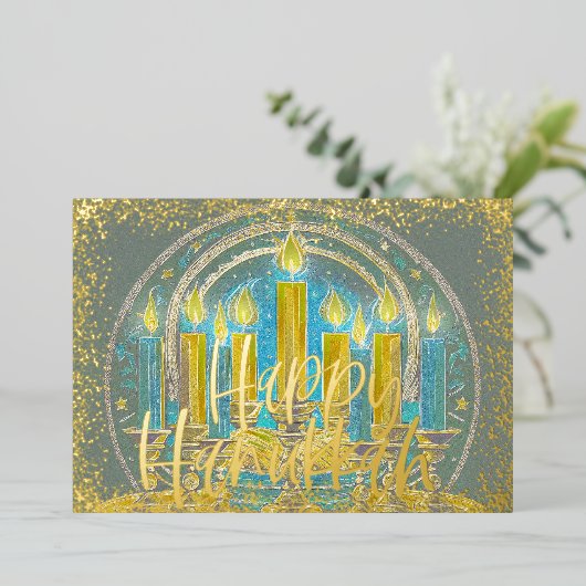 Chanoeka Menorah Tekening Geel Blauw Grijs Folie Feestdagenkaart (Staand Voorkant)