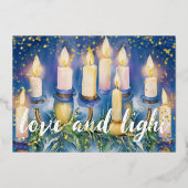 Chanoeka Menorah Waterverf Liefde en Licht Folie Feestdagenkaart (Voorkant)