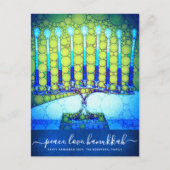 Chanoeka Modern Script Blauw Groen Menorah Stijlvo Feestdagenkaart (Voorkant)