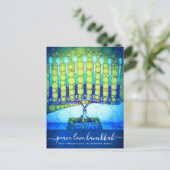 Chanoeka Modern Script Blauw Groen Menorah Stijlvo Feestdagenkaart (Staand voorkant)