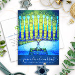 Chanoeka Modern Script Blauw Groen Menorah Stijlvo Feestdagenkaart<br><div class="desc">"Vrede, liefde, Hanukkah". Een close-upfoto illustratie van een heldere, kleurrijke, blauwe groene artsy menorah op een getextureerde blauw marineschandaal helpt je om mee te doen aan de vakantie van Hanukkah. Voel de warmte en de vreugde van het vakantieseizoen als je dit prachtige, kleurrijke briefkaart van de Hanukkah-groet stuurt. De bijbehorende...</div>