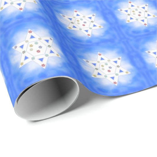 Chanoeka Ster en Sneeuwvlokken Blauw Cadeaupapier (Rol Hoek)