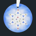 Chanoeka Ster en Sneeuwvlokken Blauw Ornament<br><div class="desc">Ornament met mijn ontwerp voor Chanoeka met de Davidster en kleine kleurrijke sneeuwvlokken op een blauw-witte ijzige achtergrond.</div>