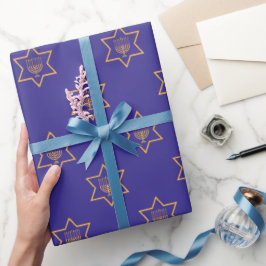 Chanoeka Ster van David Menorah Gold Blue Cadeaupapier