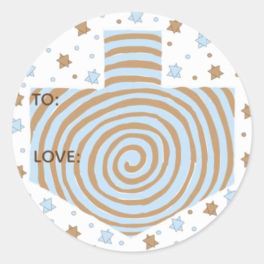 Chanoeka Stickers (1 1/2" of 3")Dreidel/Blauw/Brui (Voorkant)