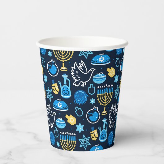Chanoeka symboliseert blauw patroon papieren bekers (Achterkant)