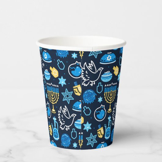 Chanoeka symboliseert blauw patroon papieren bekers (Rechts)