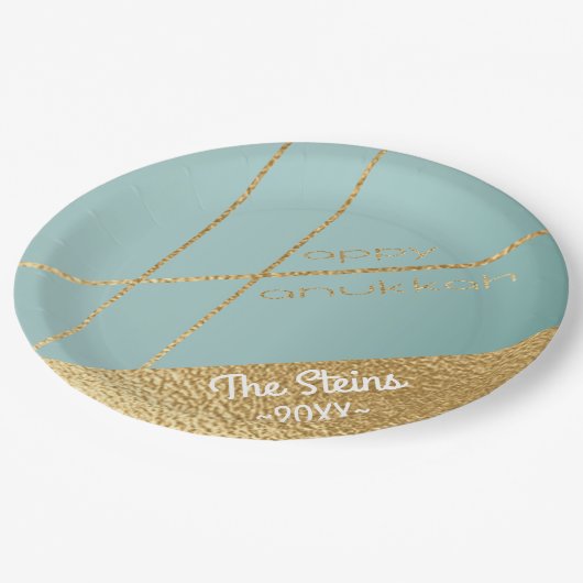 Chanoeka Turquoise en Gouden Papier Borden Papieren Bordje (Gekanteld)