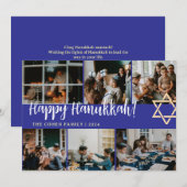 Chanoeka Typografie Blauwe familie foto Collage Feestdagenkaart (Voorkant / Achterkant)