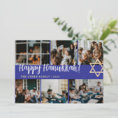 Chanoeka Typografie Blauwe familie foto Collage Feestdagenkaart (Staand voorkant)