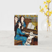 Chanoeka vrouwen en katten zingen rond de piano kaart (Gele Bloem)