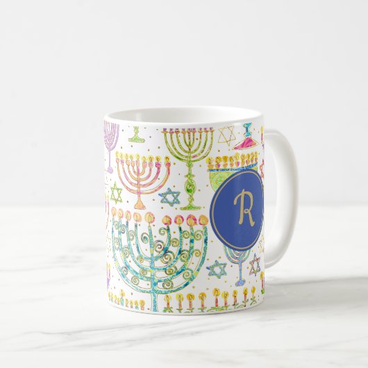 Chanoeka Wit Goud Menora Star of David Monogram Koffiemok (Voorkant rechts)