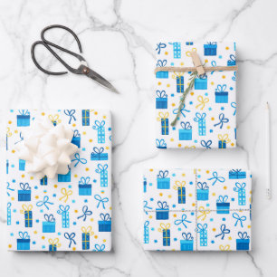 Chanoekaarten Cadeaus Gifts w. Bows Blue White Gol Inpakpapier Vel
