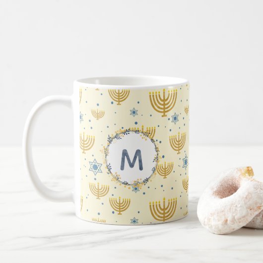 Chanoekapatroon + Navy Blue Waterverf Monogram Koffiemok (Met donut)