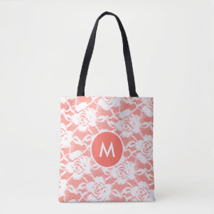  Chantilly White Lace Coral Monogrammed Tote Bag