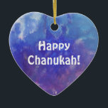 Chanukah Aqua Paars schilderen Heart Ornament<br><div class="desc">Deze hartversiering heeft een schilderij met een abstracte samenstelling met aqua,  blauw,  wit en paars en de uitdrukking: "Happy Chanukah!" Het is een geweldige feestelijke decoratie voor je kamer en een mooi cadeau voor je liefdesmensen.</div>