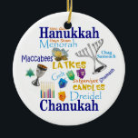 Chanukah Collage/Licht de Lichten Keramisch Ornament<br><div class="desc">Chanoekamer kenmerkt symbolen en woorden voor de vakantie. Achterzijde: Licht de lichten aan.</div>