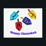 Chanukah Dreidels Briefkaart<br><div class="desc">Er gebeurde daar een Happy Chanukah cadeau met vier droesels met Hebreeuwse brieven die een geweldig wonder vertegenwoordigen!</div>