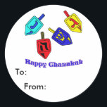 Chanukah Dreidels Ronde Sticker<br><div class="desc">Er gebeurde daar een Happy Chanukah cadeau met vier droesels met Hebreeuwse brieven die een geweldig wonder vertegenwoordigen!</div>