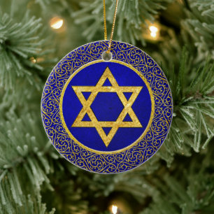 Chanukah Hanukkah חֲנֻכָּה Blauw en Goud Keramisch Ornament