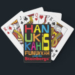 Chanukah is Funukkah Pokerkaarten<br><div class="desc">Volledige kleur, gepersonaliseerd "Hanukkah is Funukkah", kaartspel om een gedenkwaardige leuke Hanukkah bij te dragen! Personaliseer door tekst, "met de Steinbergs"te schrappen en met uw eigen bericht te vervangen. Gebruik uw favoriete doopvontstijl, kleur, en grootte. Bedankt om te stoppen en te winkelen. Veel waardering! Happy Chanukah/Hanukkah! Maat: PokerPas een reeks...</div>