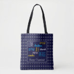 CHANUKAH Love Joy Peace BLUE Hebreeuws Tote Bag<br><div class="desc">Kleurrijke feestelijke CANVAS TAS met faux Silver Star van David in subtiel achtergrondpatroon. LIEFT JOY PEACE,  inclusief Hebreeuwse vertalingen,  zijn in kleur gecodeerd. De tekst is klantgericht in hoesje u wenst om het even wat te veranderen. HAPPY CHANUKAH is ook aanpasbaar. Deel van het HANUKKAH-Collectie</div>