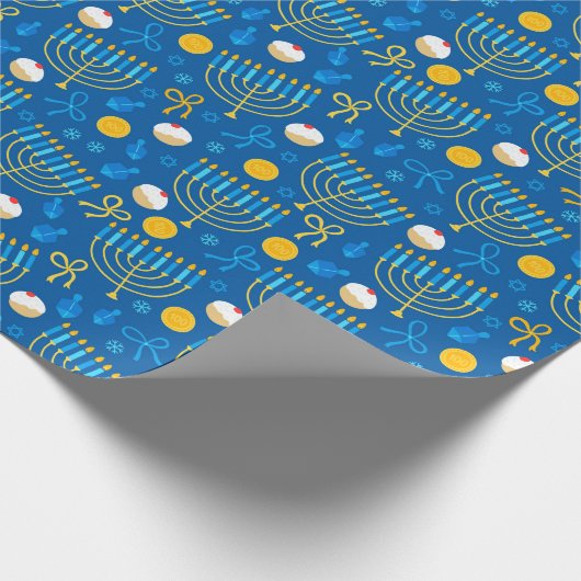 Chanukah Menorah Gelt Dreidel Blue Cadeaupapier (Hoek)