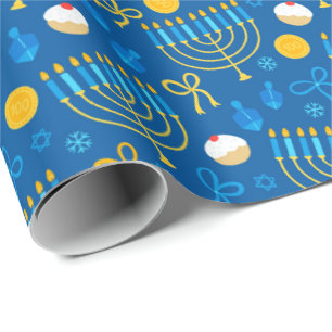 Chanukah Menorah Gelt Dreidel Blue Cadeaupapier