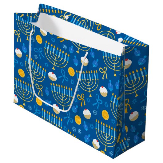 Chanukah Menorah Gelt Dreidel Blue Groot Cadeauzakje (Voorkant Gekanteld)