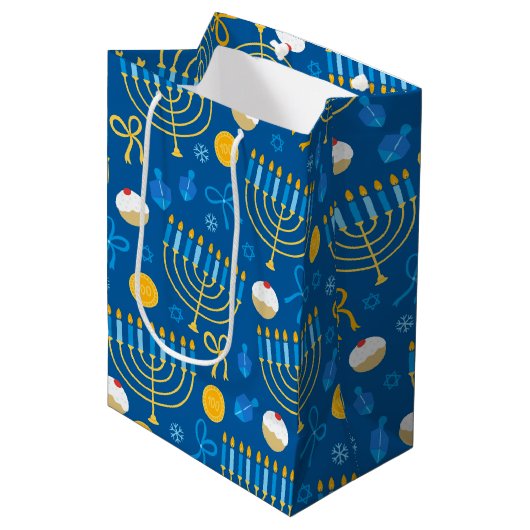 Chanukah Menorah Gelt Dreidel Blue Medium Cadeauzakje (Voorkant Gekanteld)