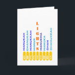 Chanukah Menorah in Wordcard Feestdagen Kaart<br><div class="desc">Deze menorah bestaat uit "kaarsen" gemaakt van de verschillende spreuken van Chanoeka/Hanukkah..</div>