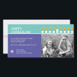 Chanukah Menorah Photo Card Feestdagenkaart<br><div class="desc">Light the menorah and share your joy on Chanukah. A photocard that showcases your loved ones crowned by a fully-lit Chanukah menorah. All text is customizable and sits against panels of rich purple and teal with a subtle circle pattern, highlighted by a Star of David in the corner. Available in...</div>