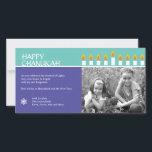 Chanukah Menorah Photo Card Feestdagenkaart<br><div class="desc">Light the menorah and share your joy on Chanukah. A photocard that showcases your loved ones crowned by a fully-lit Chanukah menorah. All text is customizable and sits against panels of rich purple and teal with a subtle circle pattern, highlighted by a Star of David in the corner. Available in...</div>