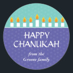 Chanukah Menorah Sticker<br><div class="desc">Steek de menora aan en deel je vreugde over Chanoeka. Een vakantiebericht bekroond door een volledig verlichte Chanoeka menorah prints tegen paarse en blauwgroen panelen met een subtiel cirkelpatroon. Verkrijgbaar in alternatieve kleuren met bijpassende portokosten,  fotokaarten,  kaarten en labels.</div>