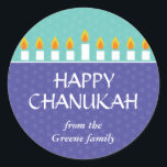 Chanukah Menorah Sticker<br><div class="desc">Steek de menora aan en deel je vreugde over Chanoeka. Een vakantiebericht bekroond door een volledig verlichte Chanoeka menorah prints tegen paarse en blauwgroen panelen met een subtiel cirkelpatroon. Verkrijgbaar in alternatieve kleuren met bijpassende portokosten, fotokaarten, kaarten en labels.</div>