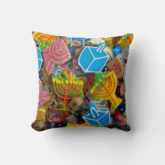 Chanukah Menorahs, Dreidels, Gelt Kussen (Voorkant)