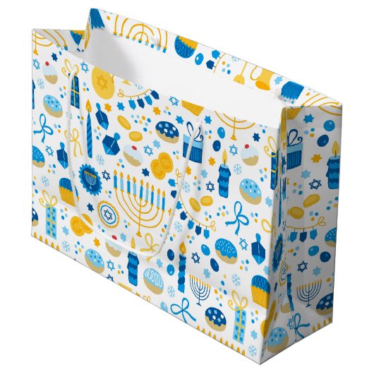 Chanukah Party Blue Gold White Groot Cadeauzakje (Voorkant Gekanteld)