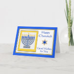 Chanukah Wensen met Hedendaagse Menorah Kaart<br><div class="desc">Gelukkige Chanoeka Goede Wensen voor U,  hedendaagse menora met blauwe kaarsen,  papieren wenskaart. Digitale illustratie met een verlichte menora en een davidster. Copyright op kunst,  afbeelding en vers © Shoaff Ballanger Studios,  2024.</div>