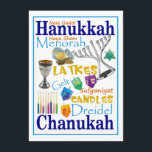 Chanukah Words Collage Kaart<br><div class="desc">De Hanukah-kaart (Hanukkah,  Chanoeka) bevat woorden en symbolen van de feestdag Dreidel,  menorah,  gelt,  enz.</div>