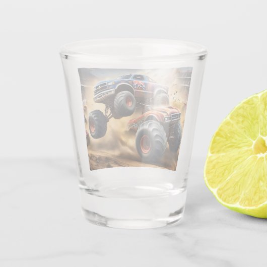 Chaos op wielen: Monster Truck slaat Derby Shot Glas (Achterkant)