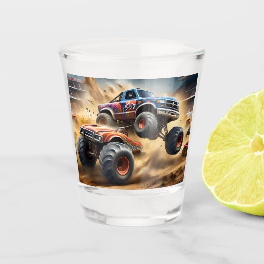Chaos op wielen: Monster Truck slaat Derby Shot Glas (Voorkant)