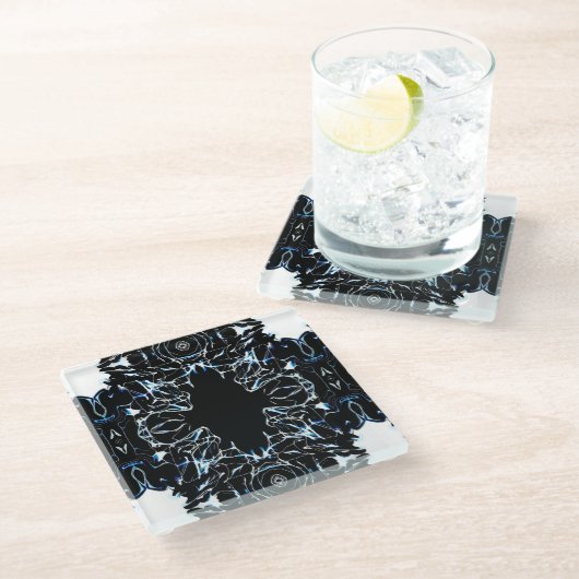 Chaotic Abstract Blue on Black and White Fluid Art Glazen Onderzetter (Schuin)