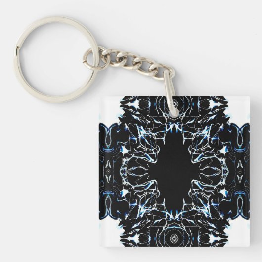 Chaotic Abstract Blue on Black and White Fluid Art Sleutelhanger (Voorkant)