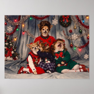 Chaotisch Retro Chihuahua Kerst Familieportret Poster