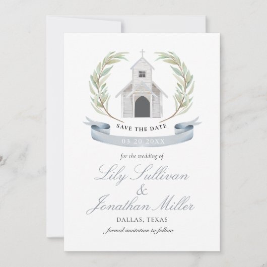 Chapel Chapel Light Blue Pastel Charming Wedding C Save The Date (Voorkant)