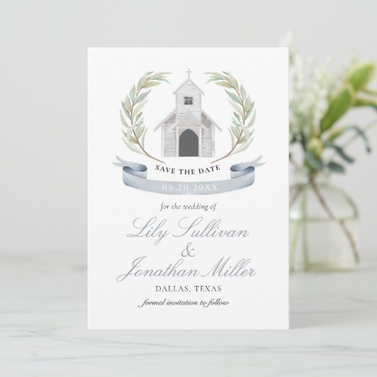 Chapel Chapel Light Blue Pastel Charming Wedding C Save The Date (Staand voorkant)