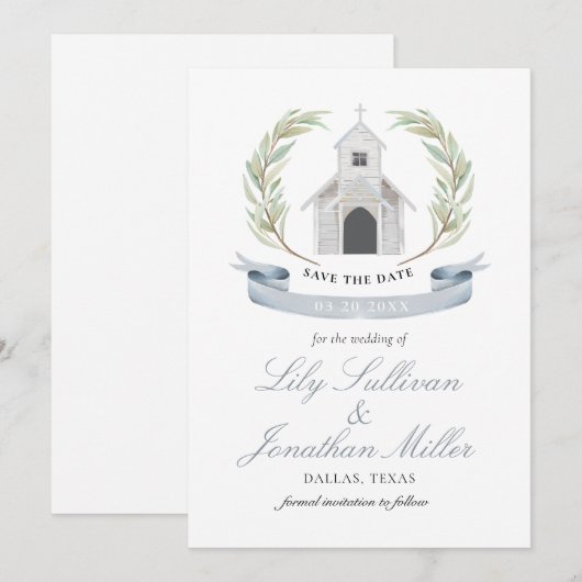 Chapel Chapel Light Blue Pastel Charming Wedding C Save The Date (Voorkant / Achterkant)