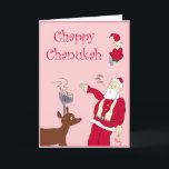 Chappy Chanukah Feestdagen Kaart<br><div class="desc">Deze kaart bevat een rabbijn-achtige Kerstman,  een elf die een spel speelt en de Rednose Reindeer met een menorah in plaats van een gewei.  Ja,   de typische interreligieuze familie.</div>