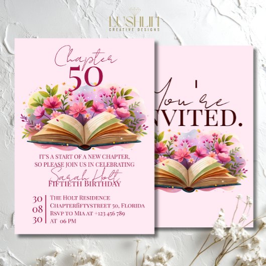 Chapter 50 Birthday – Open Book with Pink Flowers Kaart