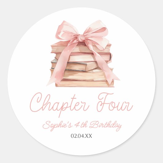 Chapter Four Pink Bow Books 4th Birthday Party Ronde Sticker (Voorkant)